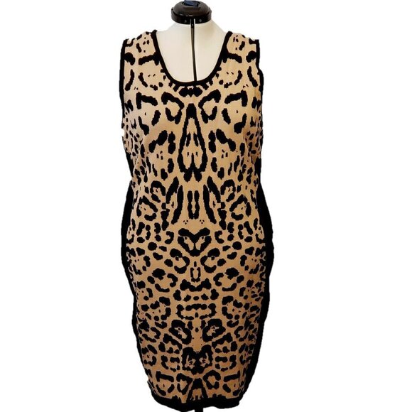 Questions Tan & Black Leopard Print Pullover Sleeveless Hourglass Dress, Size 2X - Picture 1 of 8